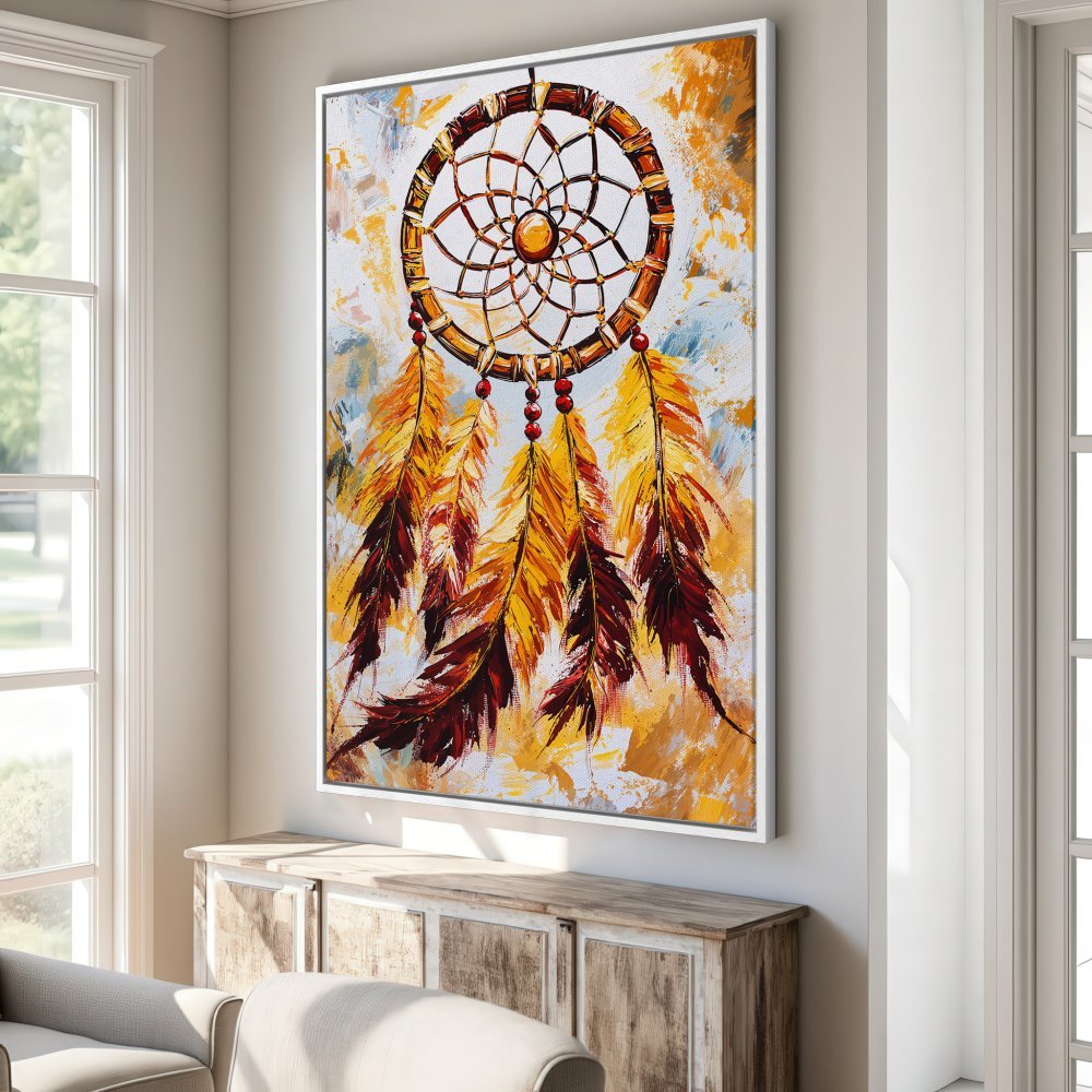 Framed Wall Art: Dreamcatcher painting in warm yellow and brown tones. Perfect boho style home decor.