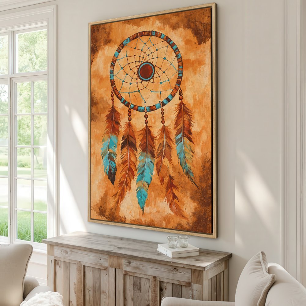 Framed Wall Art: Dreamcatcher Canvas Print in warm orange and teal tones. Boho style wall decor for living room or bedroom.