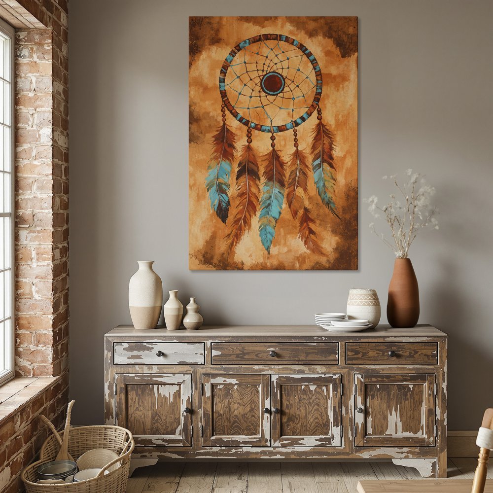 Framed Wall Art: Dreamcatcher canvas print in warm orange and turquoise tones. Perfect for boho decor!