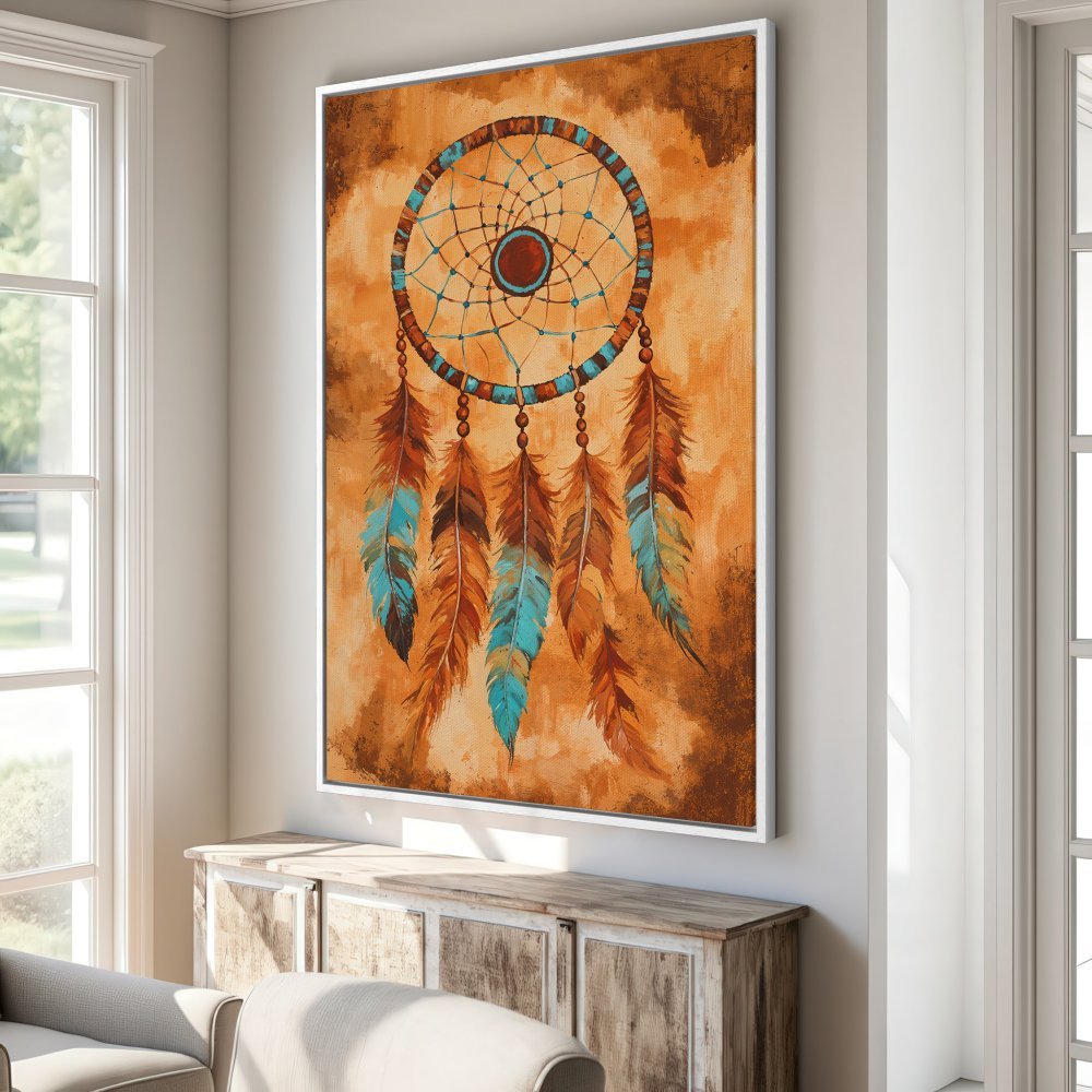 Framed Wall Art: Dreamcatcher Canvas Print in warm orange & teal tones. Bohemian style art for living room decor. Shop now!