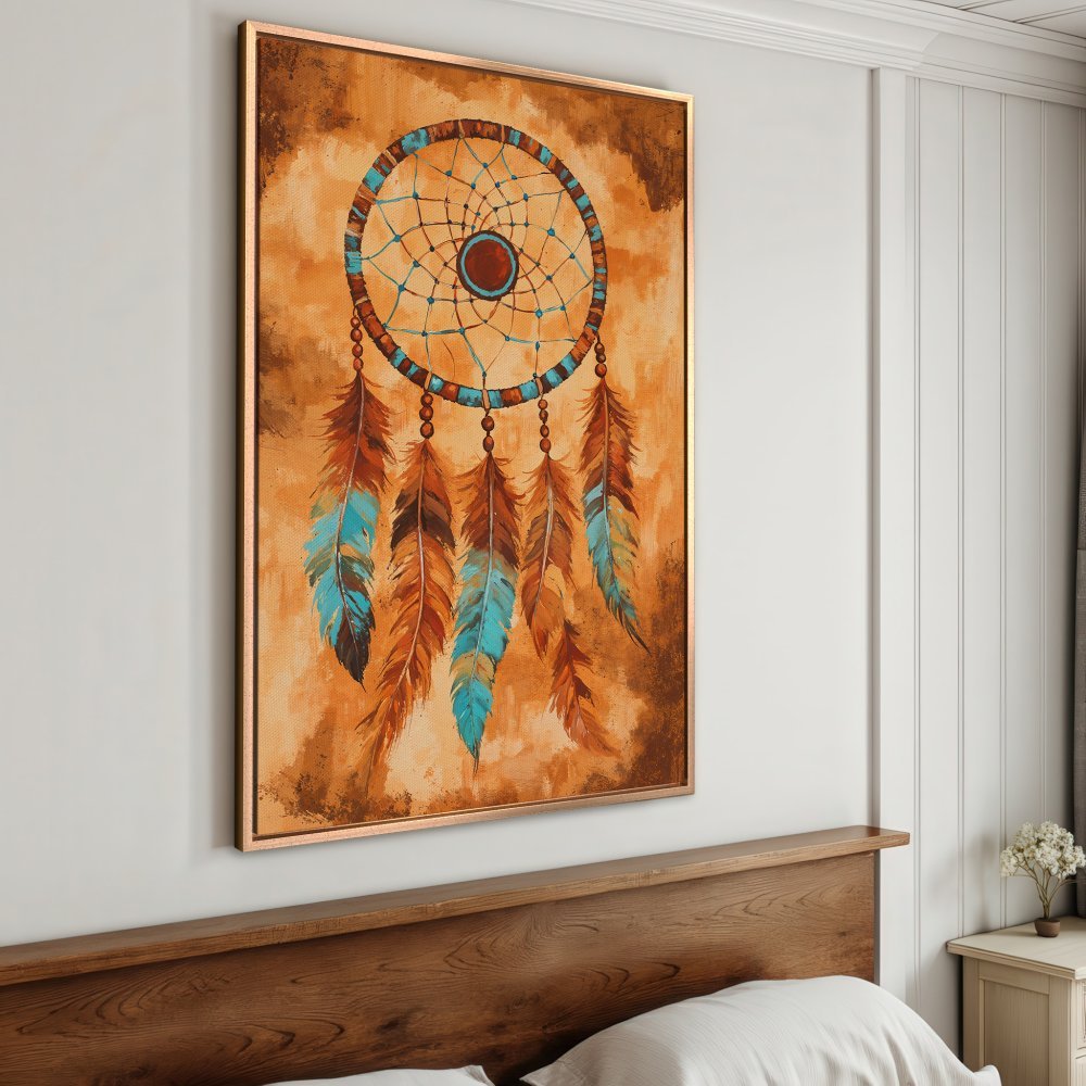 Framed Wall Art featuring a dreamcatcher. Rustic style with warm orange and turquoise color palette. Perfect for boho decor.