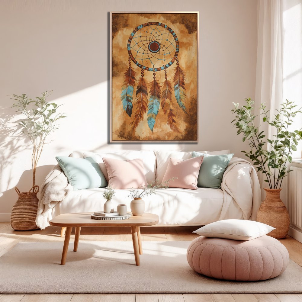 Framed Wall Art: Dreamcatcher canvas print in warm tones. Boho style artwork with brown, teal, and gold color palette, perfect for living room decor.