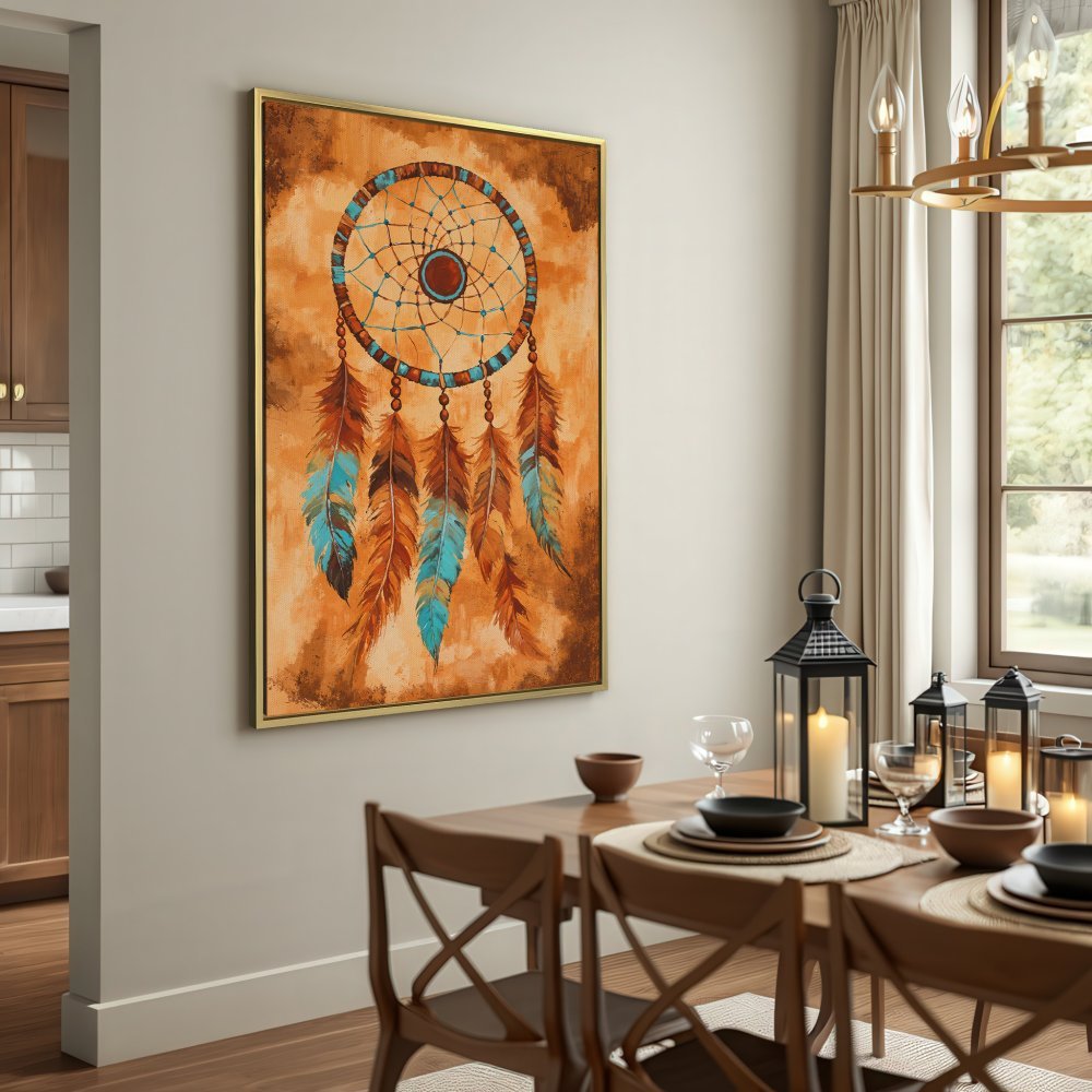 Canvas Print: Dreamcatcher art with warm earthy tones and turquoise accents. Perfect boho wall decor for your home!