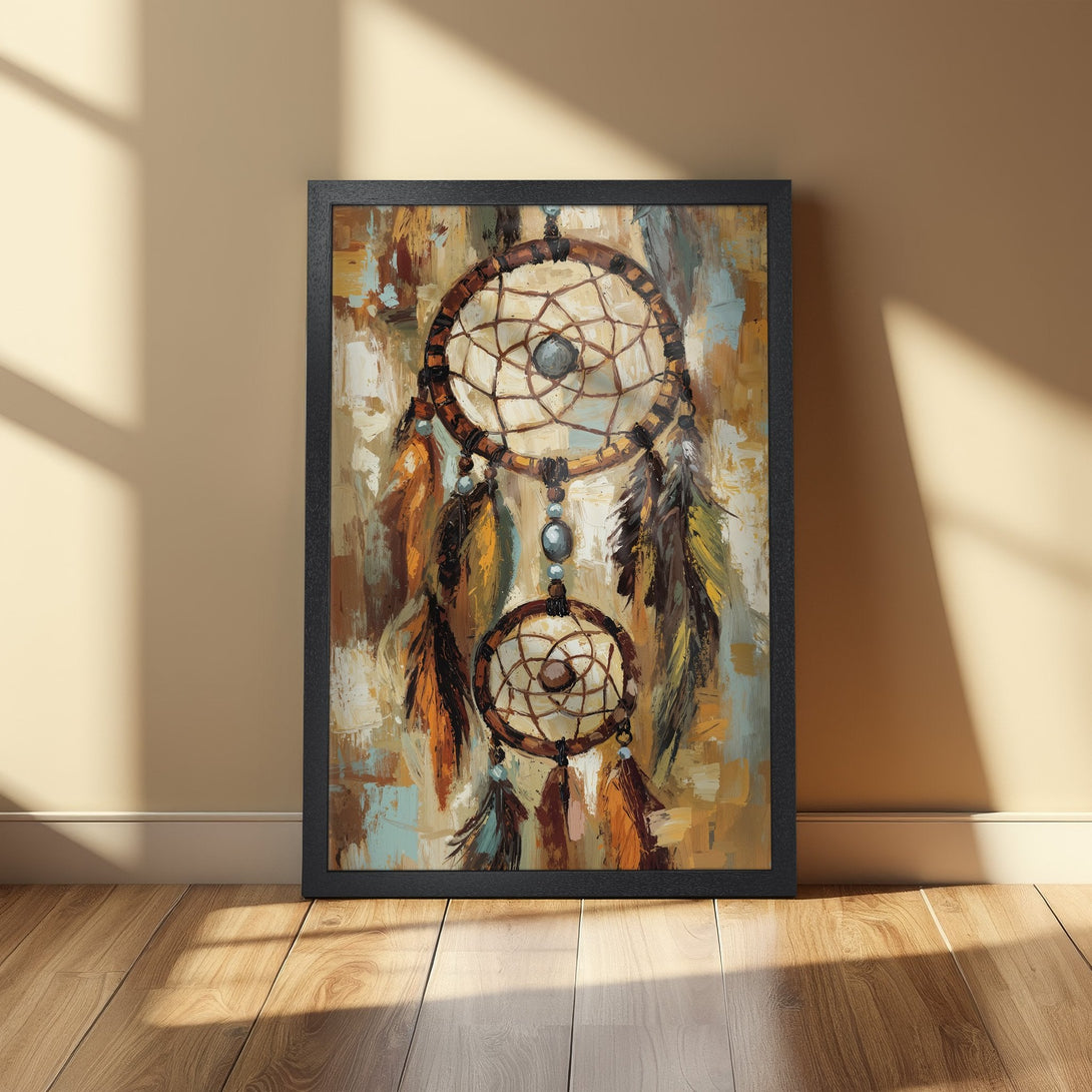 Framed Poster featuring a dreamcatcher painting. Abstract style with earthy tones of brown, orange, and teal. Perfect wall art decor.