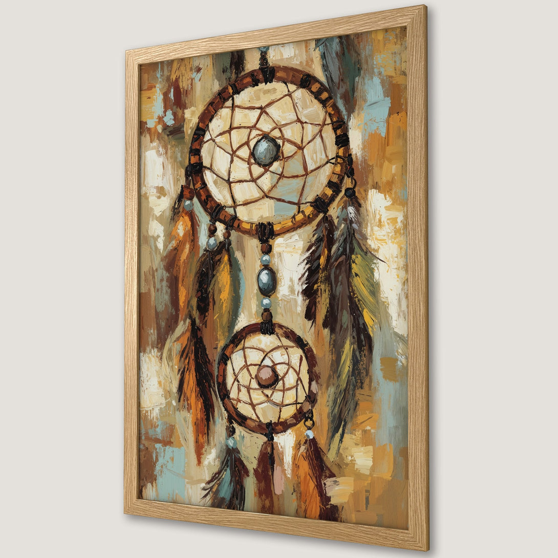 Framed Poster featuring a dreamcatcher in an abstract style with a warm color palette of browns, oranges, and blues. Perfect wall art!