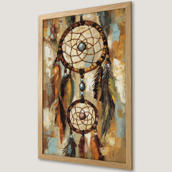 Framed Poster featuring a dreamcatcher in an abstract style with a warm color palette of browns, oranges, and blues. Perfect wall art!