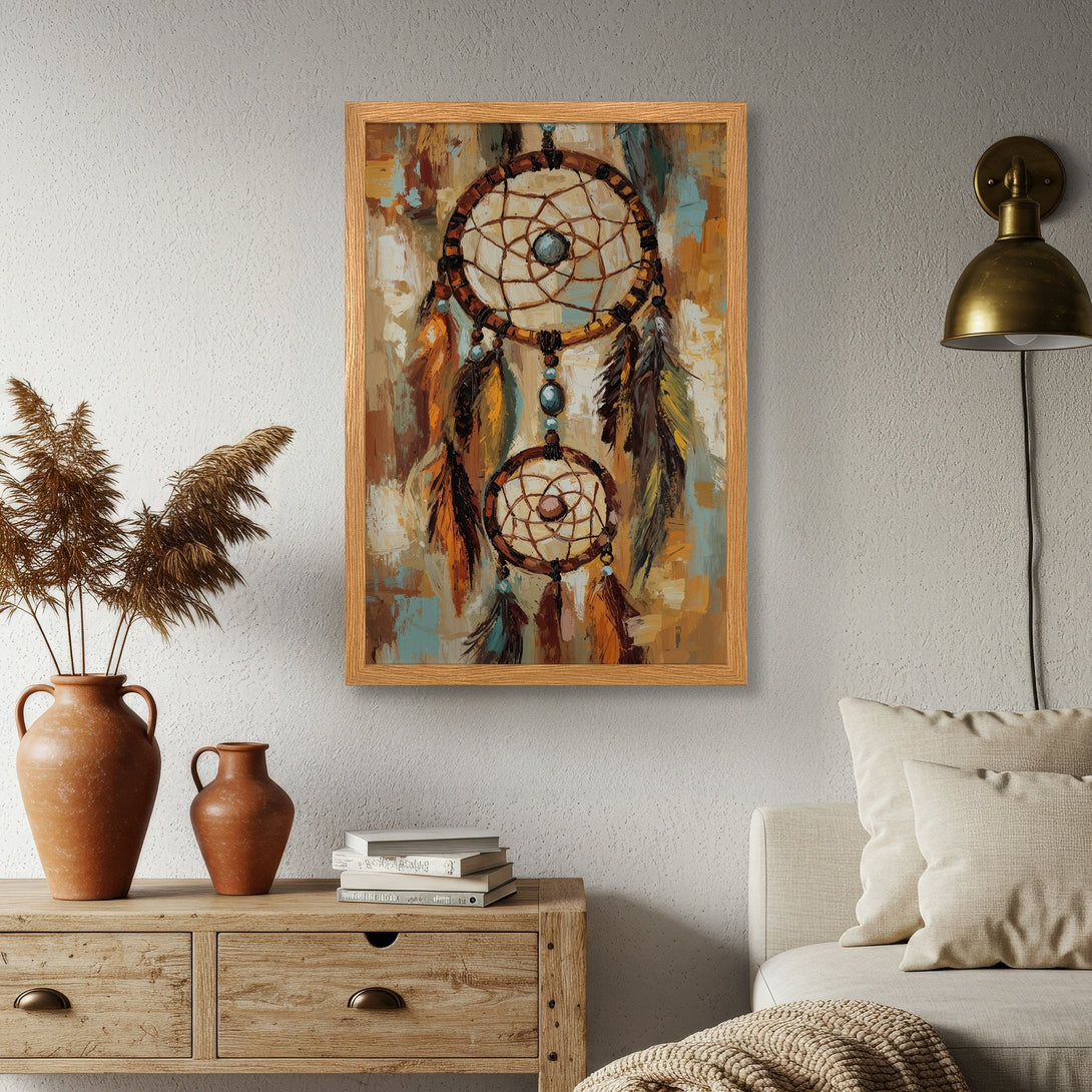 Framed Poster featuring a dreamcatcher artwork in a rustic style with warm earth tones. Perfect wall art for bohemian decor.