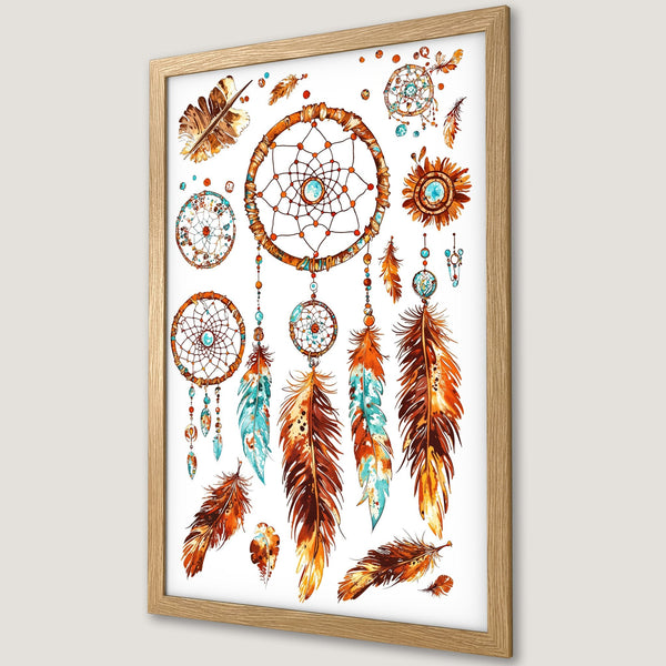 Framed Poster featuring watercolor dreamcatchers & feathers in warm orange, brown, and teal tones. Boho wall art decor.