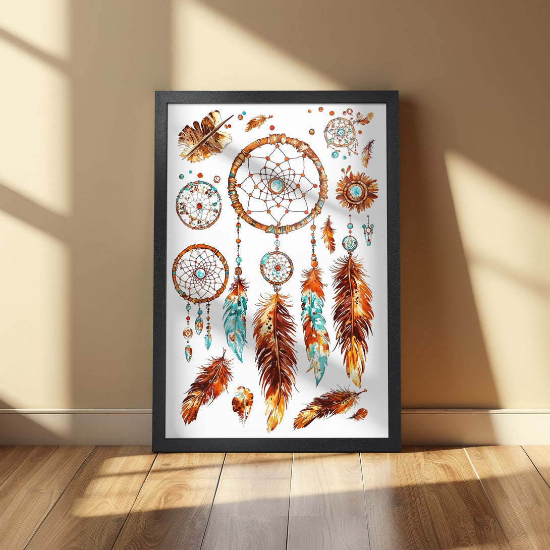 Framed Poster featuring watercolor dreamcatchers and feathers in warm orange, turquoise, and brown tones, perfect for boho decor.