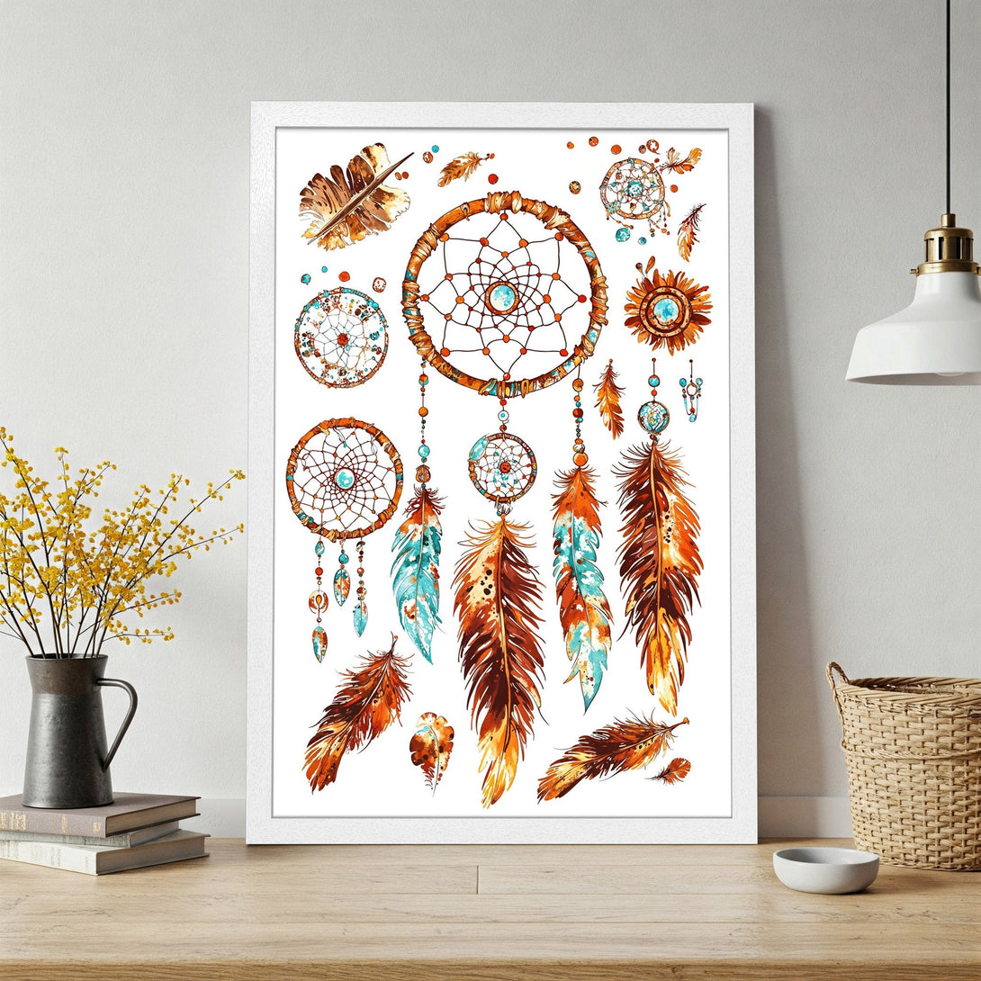 Framed Poster featuring watercolor dreamcatchers and feathers in warm orange, brown, and teal tones. Boho style wall art for any space.