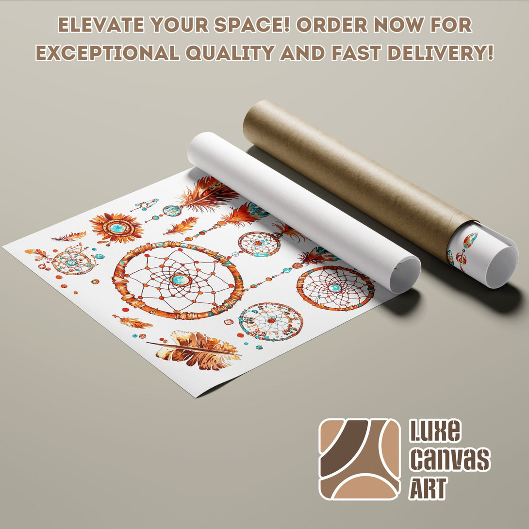 Dreamcatcher Poster Roll art print, boho style, warm orange and turquoise palette. Elevate your space with Luxe Canvas Art!
