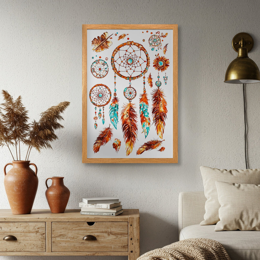 Framed Poster featuring dreamcatchers and feathers in a watercolor style, warm orange, teal, and brown color palette. Perfect wall art!