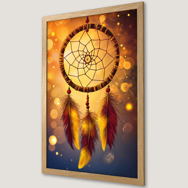 Framed Poster featuring a dreamcatcher with warm yellow, orange, and red tones. Boho style art for your wall decor.