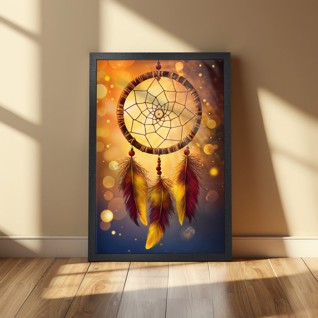 Framed Poster featuring a dreamcatcher in warm yellow, orange, and red tones. Boho style art print for home decor.