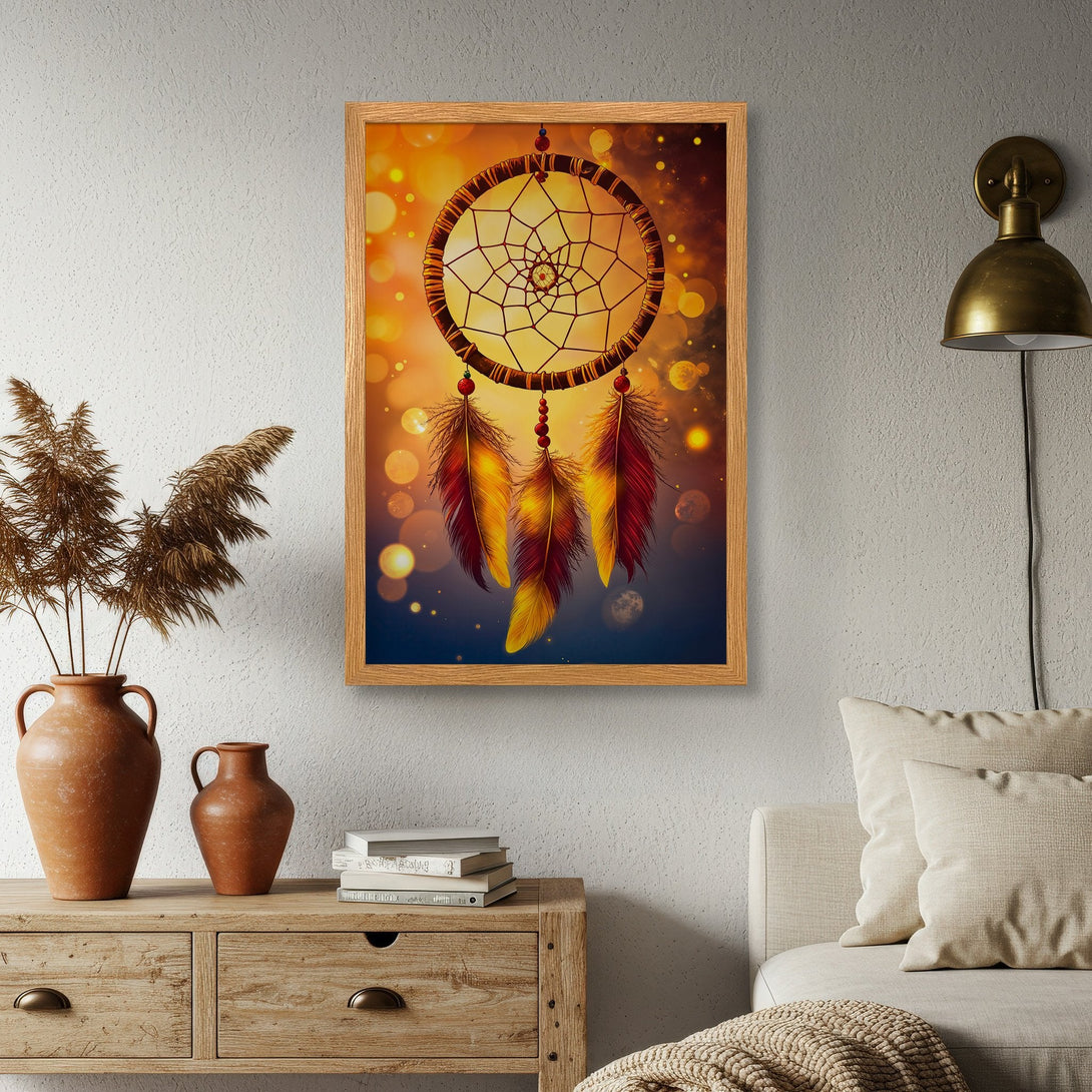 Framed Poster featuring a dreamcatcher design with warm, earthy tones. Perfect wall art for a bohemian style home.