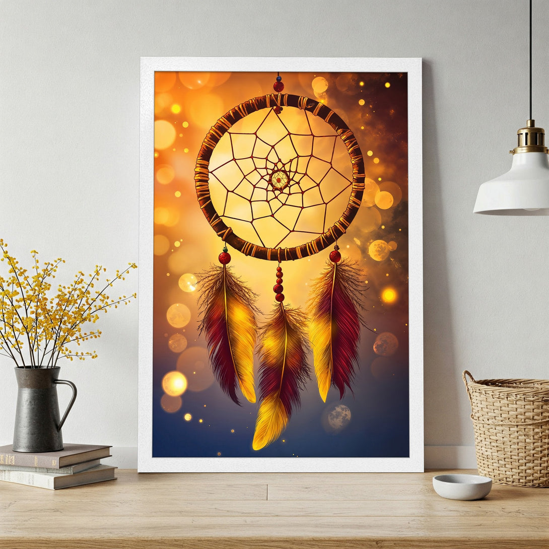 Framed Poster featuring a dreamcatcher with warm yellow and red feathers, set against a dreamy, golden background. Perfect wall art!