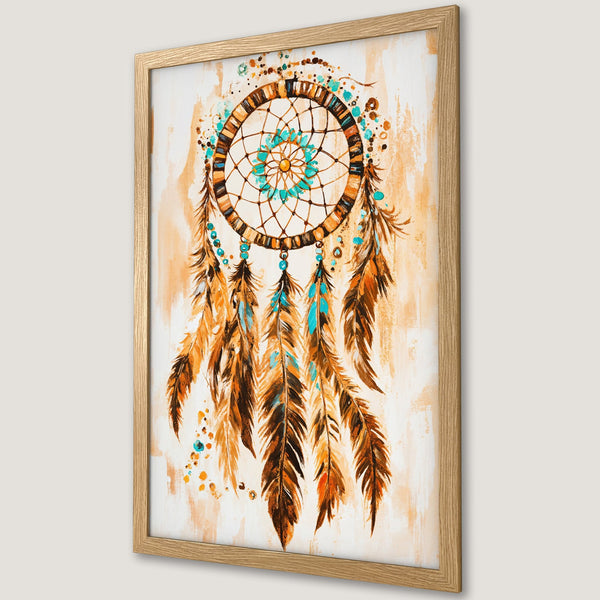 Framed Poster featuring a dreamcatcher in watercolor style with warm orange, brown, and turquoise hues. Perfect wall art for a boho aesthetic.