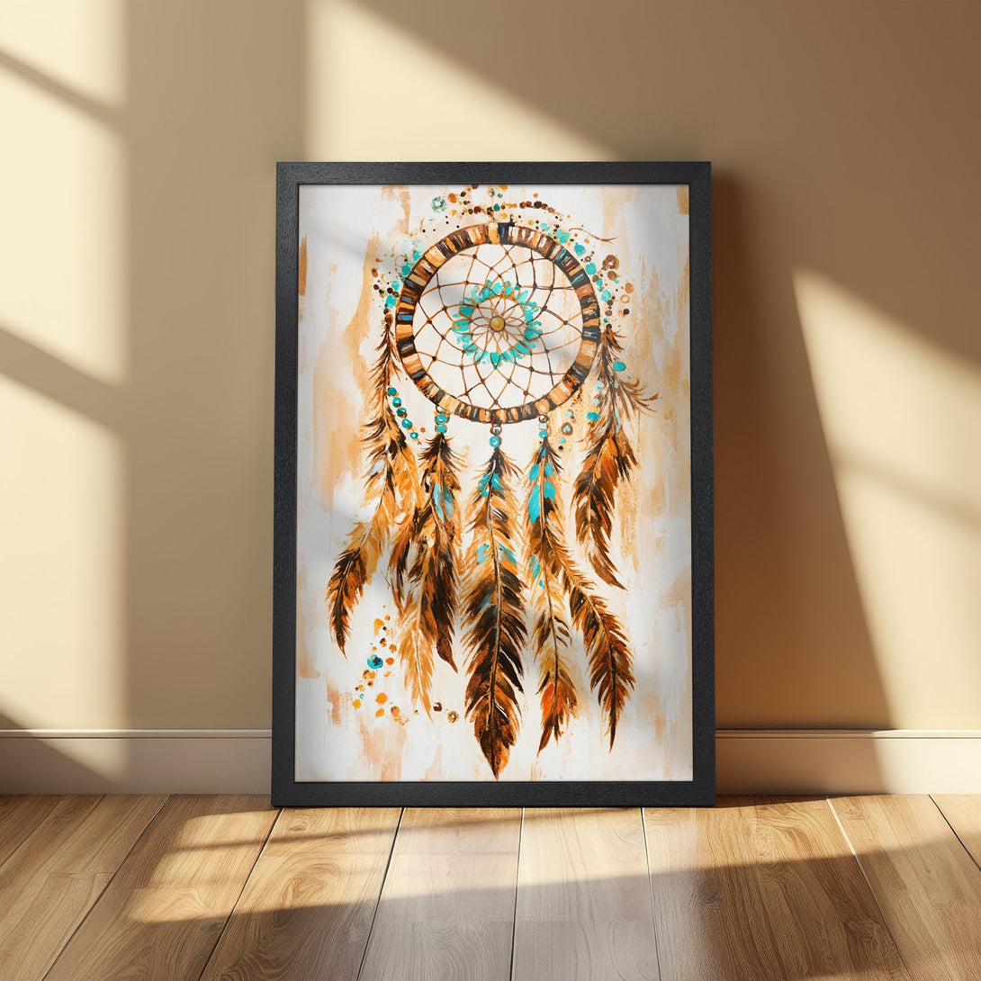 Framed Poster featuring a dreamcatcher in watercolor style with warm orange, brown, and teal tones. Perfect boho wall art!
