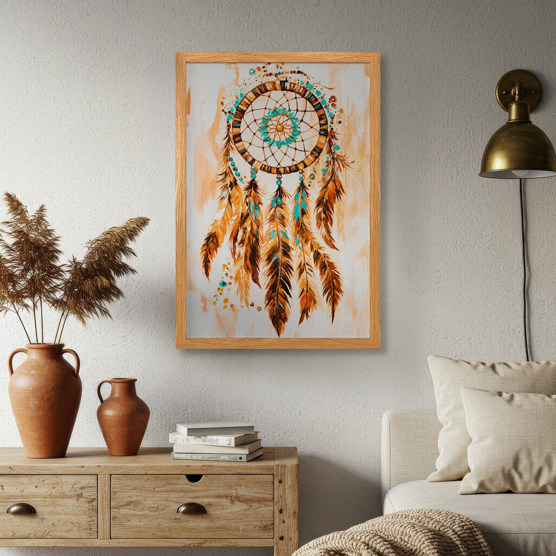 Framed Poster featuring a dreamcatcher design in bohemian style, with a warm color palette of orange, brown, and teal.