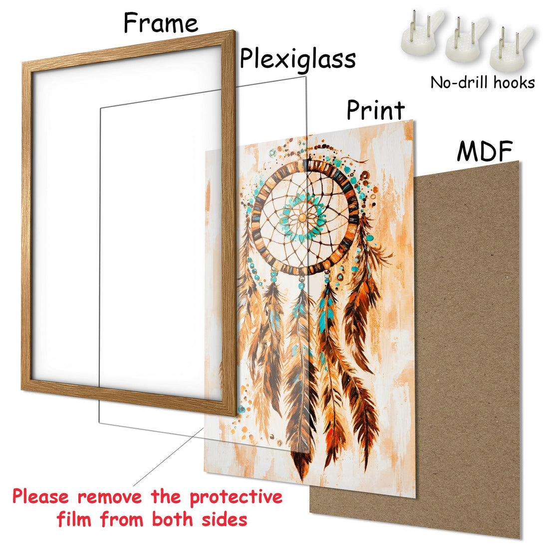 Framed Poster featuring a dreamcatcher design in a rustic style with a warm, earthy color palette. Perfect wall art!