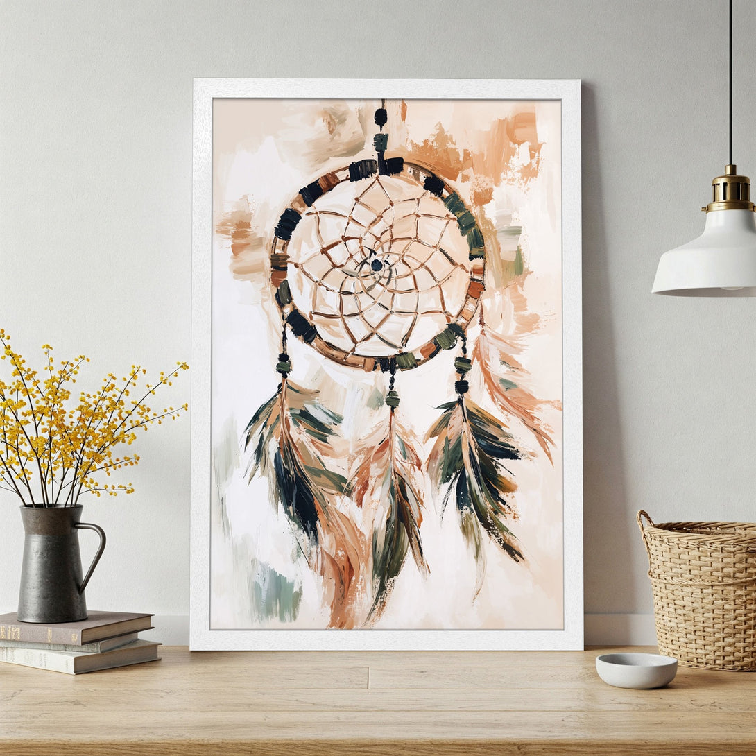 Framed Poster featuring a dreamcatcher artwork in a modern, abstract style with a warm, earthy color palette. Perfect wall decor!