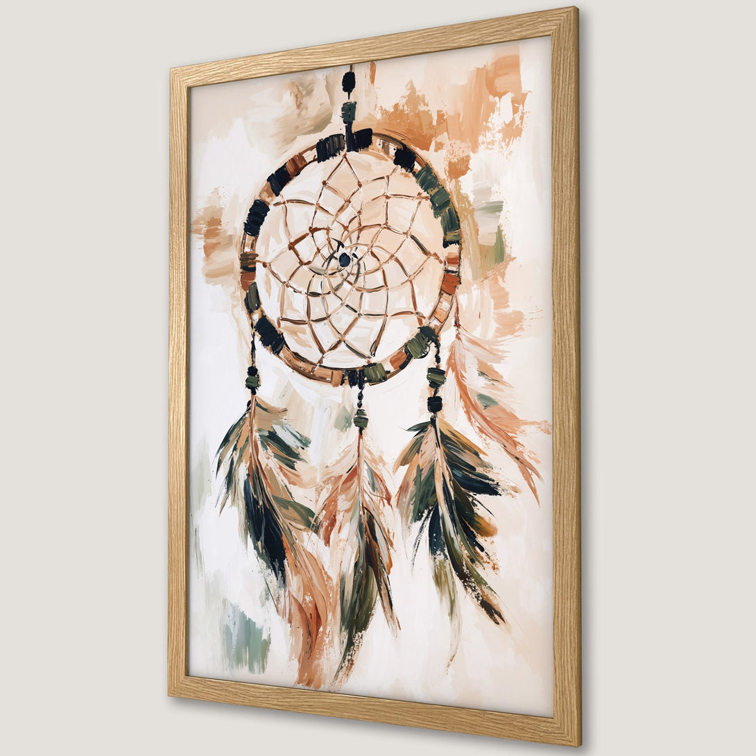 Framed Poster featuring a dreamcatcher painting in a boho style with earthy tones. Perfect wall art for a cozy home!