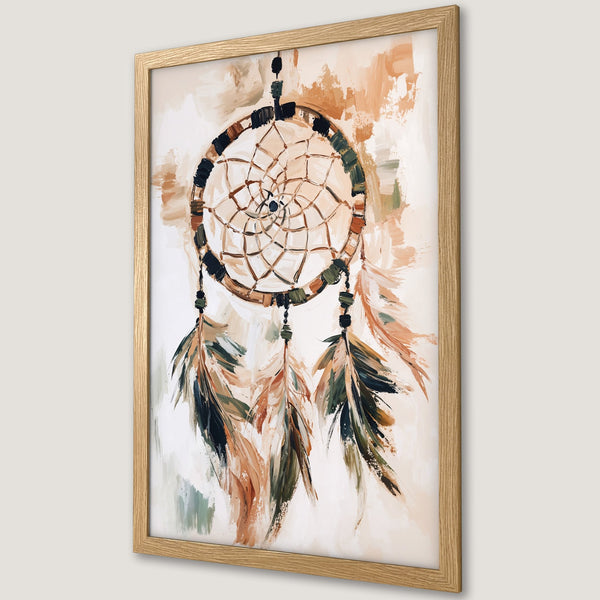 Framed Poster featuring a dreamcatcher painting in a boho style with earthy tones. Perfect wall art for a cozy home!