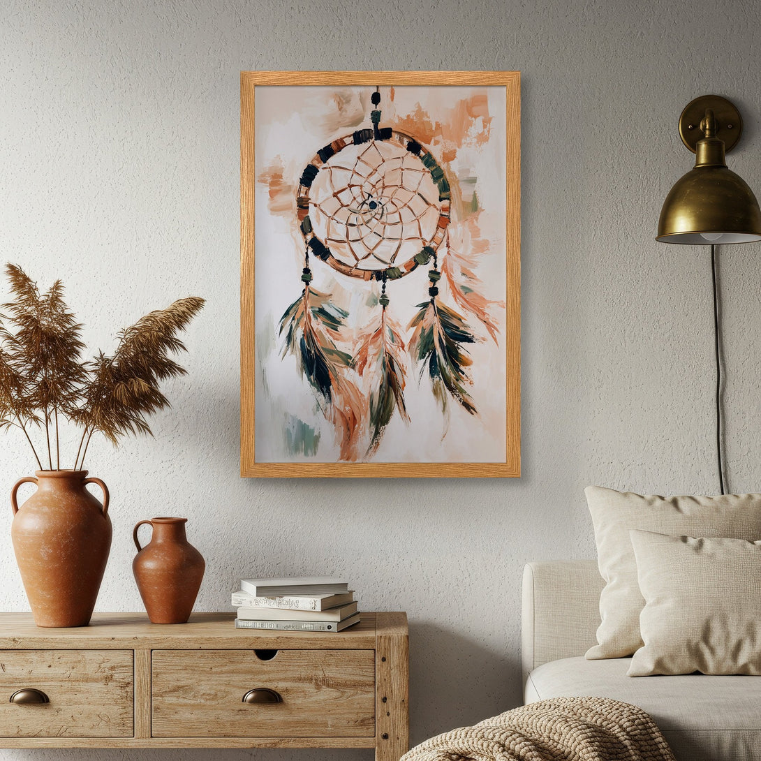 Framed Poster of a dreamcatcher in earthy tones. Bohemian style art print perfect for adding a touch of warmth and style to your home.