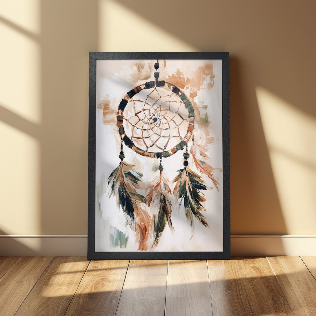 Framed Poster of a dreamcatcher in abstract style, featuring a warm, earthy color palette. Perfect wall art for boho decor.