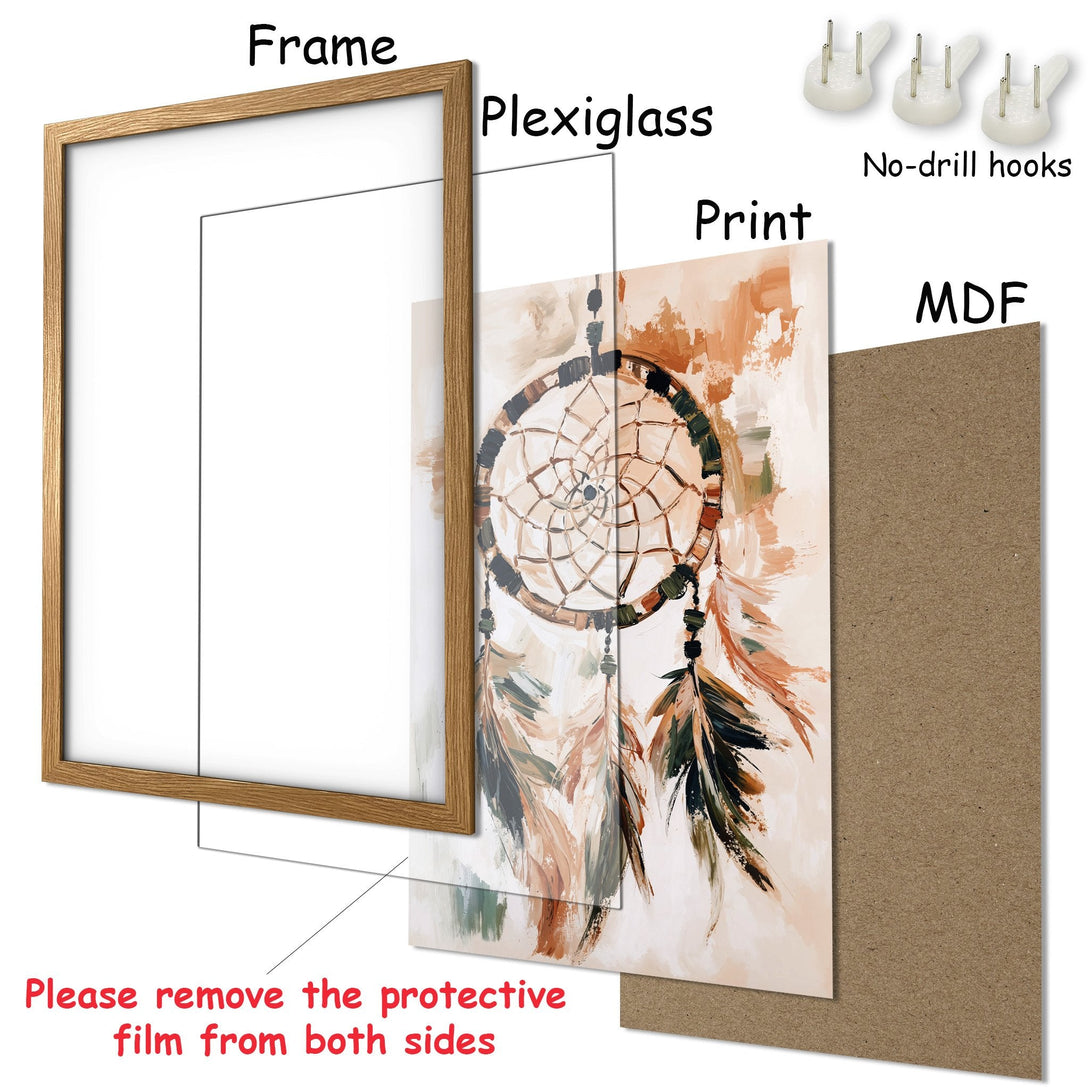 Framed Poster featuring a dreamcatcher in a boho style, warm earth tone color palette. Ready to hang art for your home.