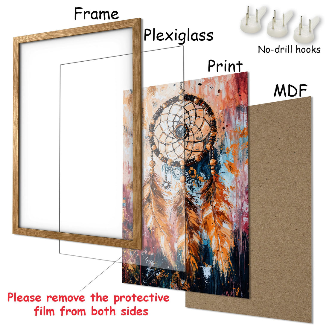 Framed Poster featuring a dreamcatcher in an abstract style with warm orange and blue hues. Perfect wall art!