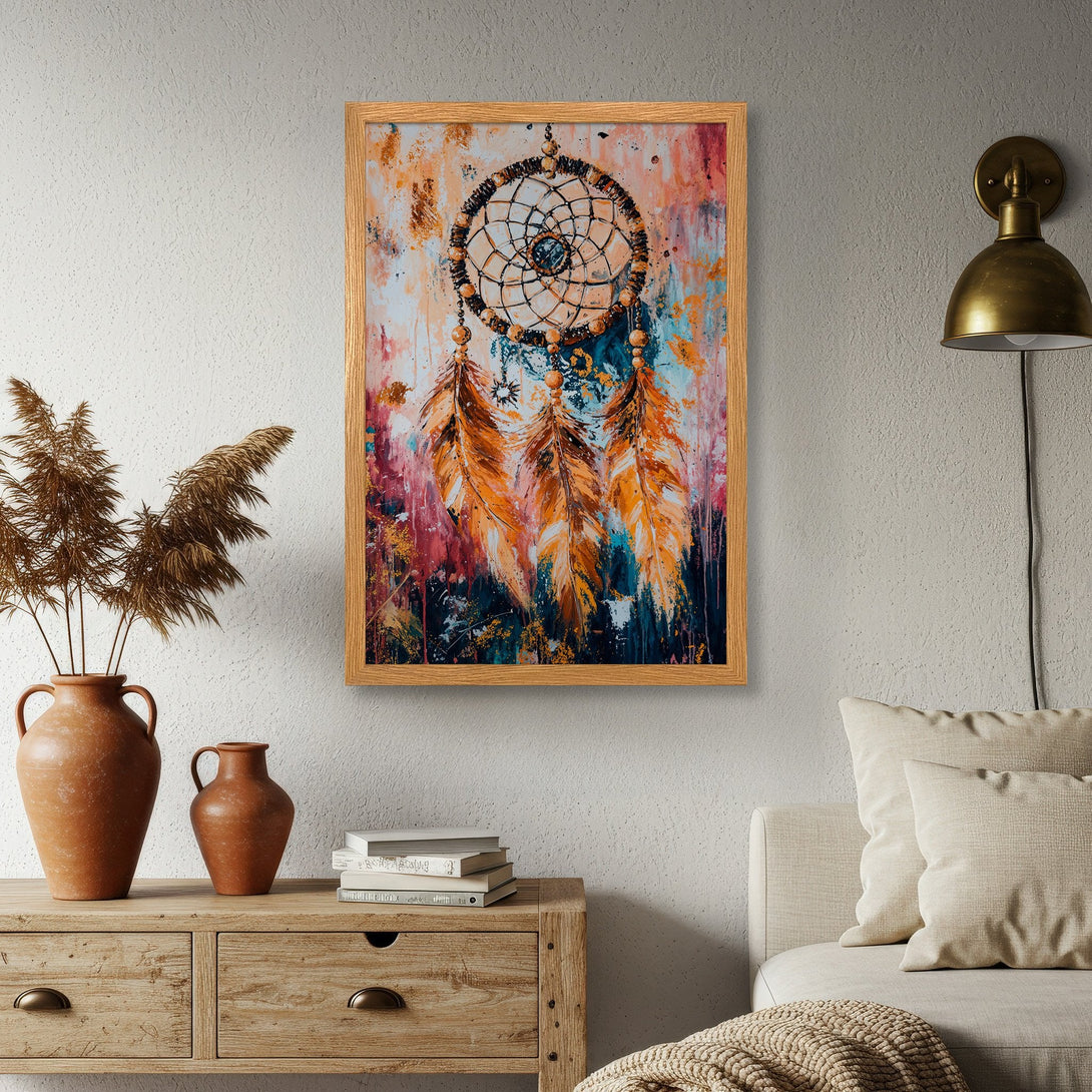 Framed Poster featuring a dreamcatcher in an abstract style with warm orange, blue, and pink tones. Perfect wall art for boho decor.