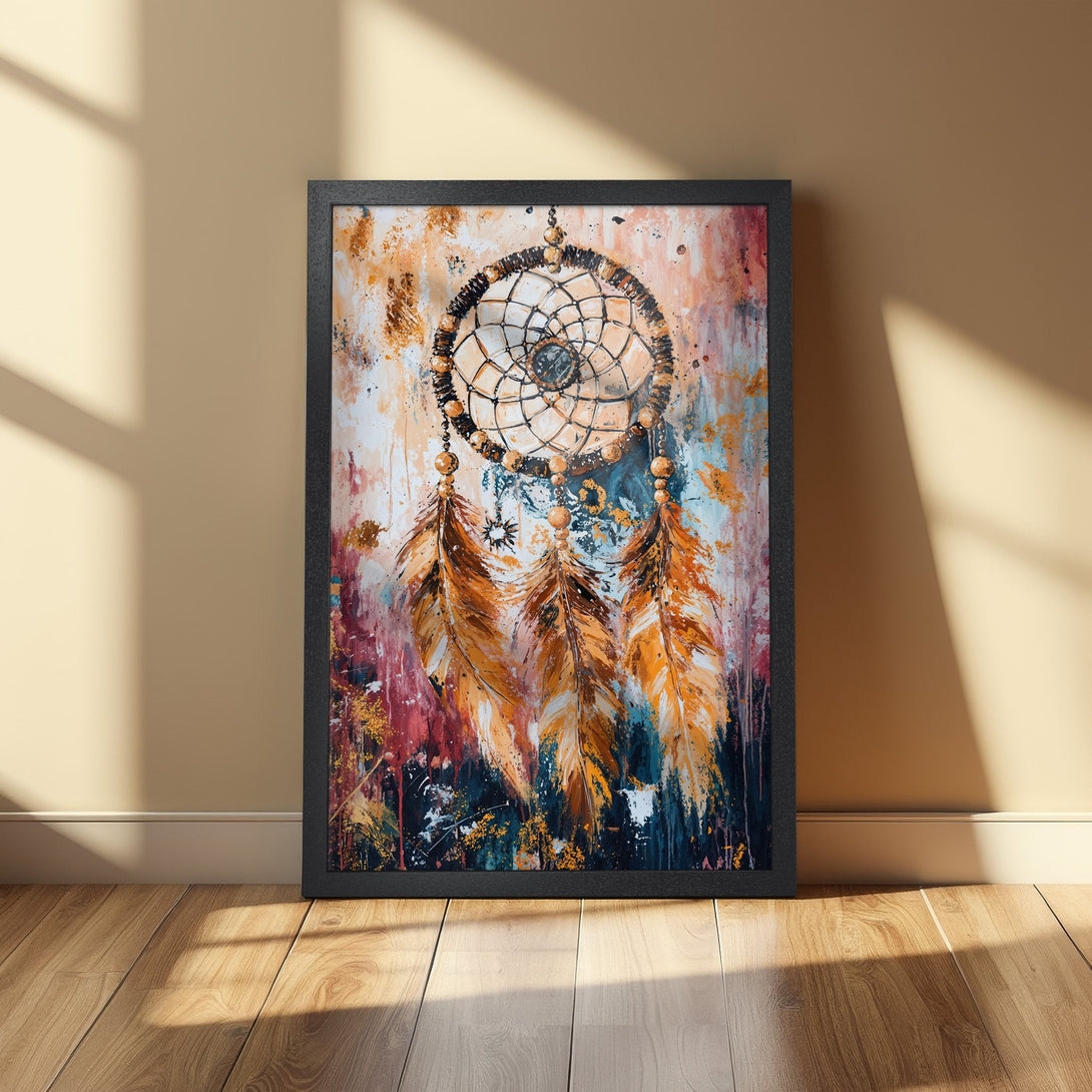 Framed Poster featuring a dreamcatcher in abstract style with warm orange, brown, and blue hues. Perfect wall art decor.