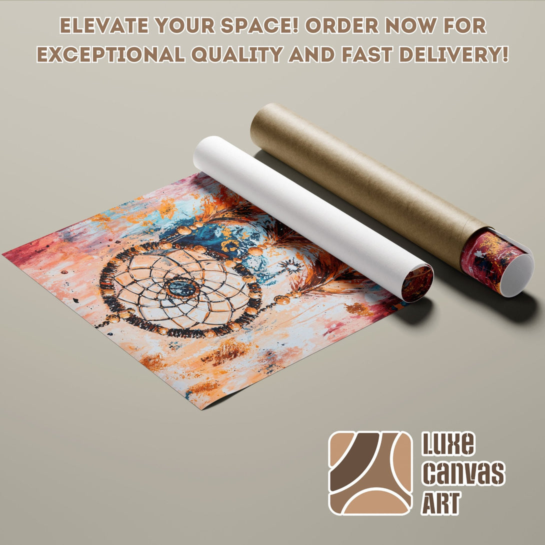 Dreamcatcher Poster Roll in warm orange and blue tones. Abstract art style. Elevate your space with Luxe Canvas Art.