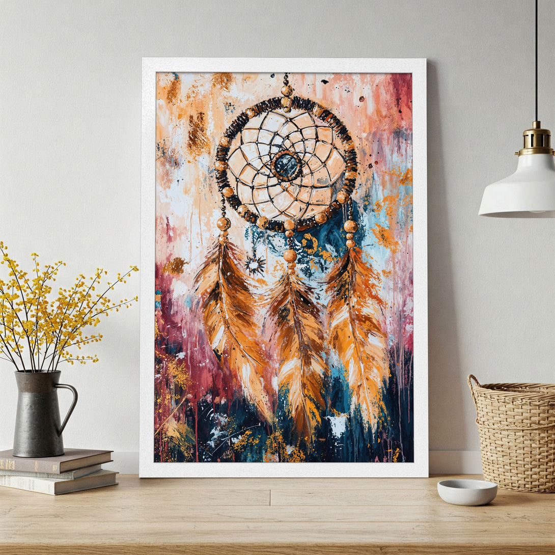 Framed Poster featuring a dreamcatcher in abstract style with warm, earthy tones. Perfect wall art for a bohemian vibe.