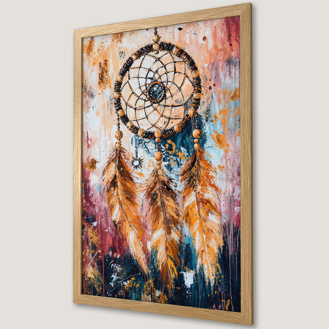 Framed Poster featuring a dreamcatcher in abstract style with warm orange, blue, and red tones. Perfect wall art for boho decor.