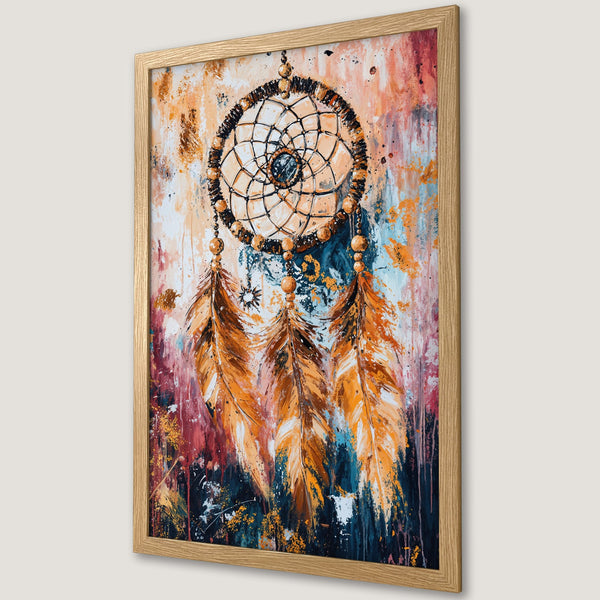 Framed Poster featuring a dreamcatcher in abstract style with warm orange, blue, and red tones. Perfect wall art for boho decor.