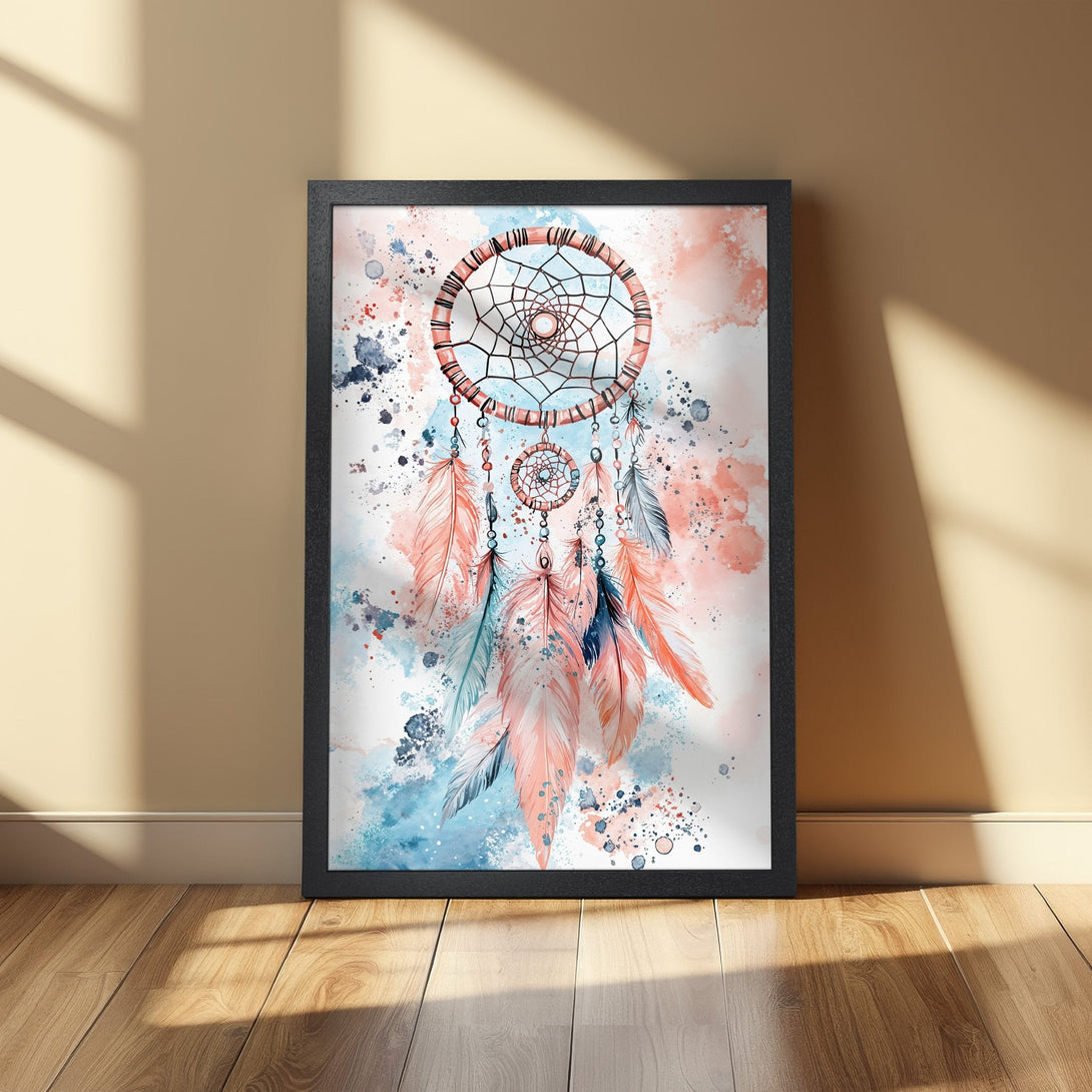 Framed Poster featuring a watercolor dreamcatcher with peach, blue, and gray tones. Perfect boho wall art for your home decor.