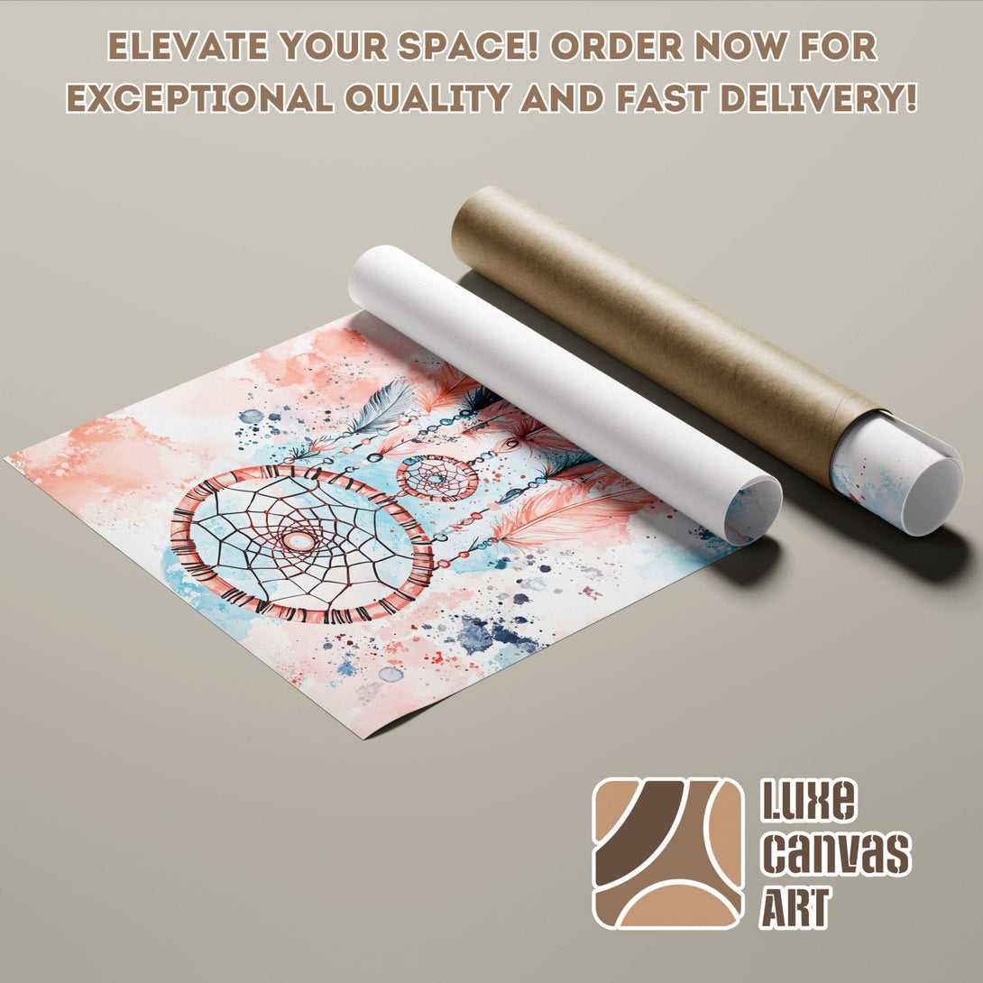 Dreamcatcher Poster Roll in watercolor style with a peach, blue, and brown color palette. Elevate your space!