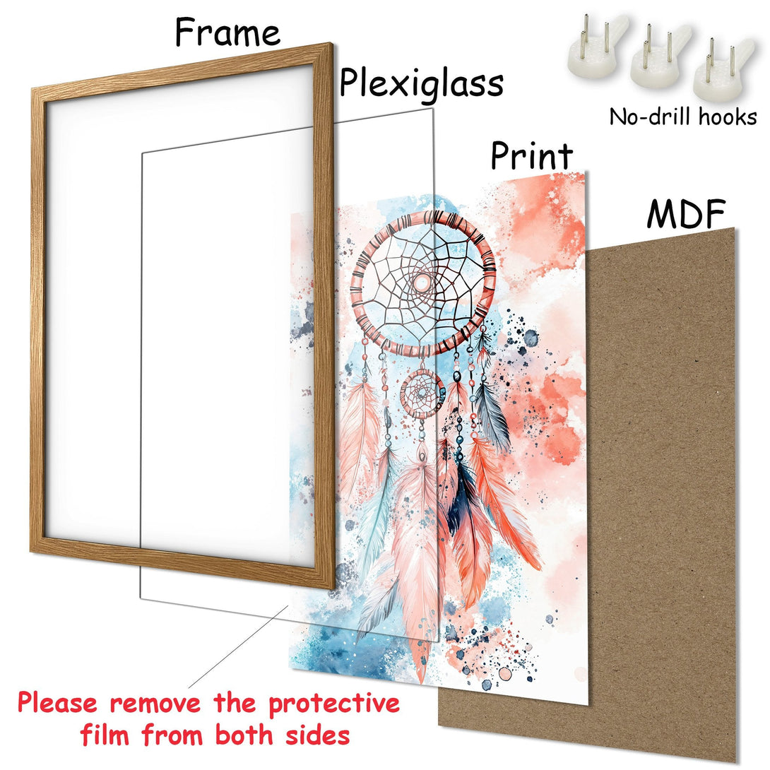 Framed Poster featuring a dreamcatcher in watercolor style with a coral, blue, and white color palette. Perfect wall art decor.