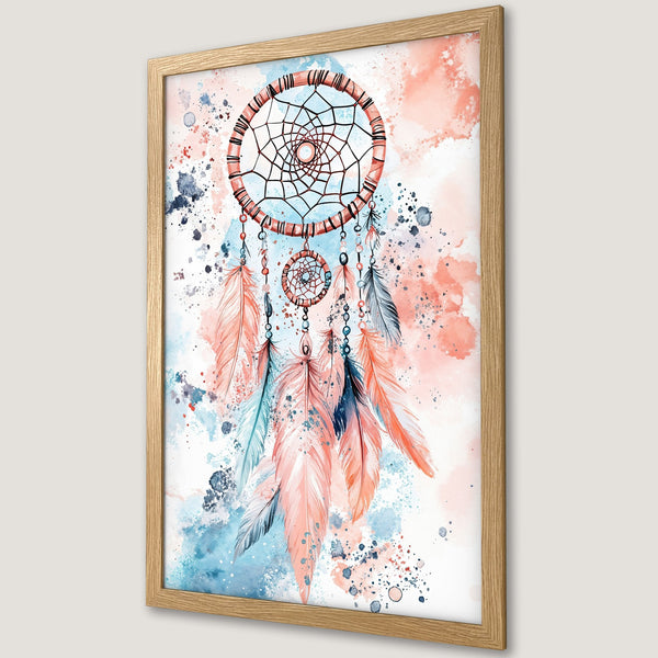 Framed Poster featuring a watercolor dreamcatcher in a soft, pastel color palette of coral, blue, and gray. Perfect boho wall art!
