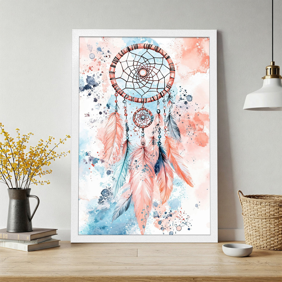 Framed Poster featuring a watercolor dreamcatcher in coral, blue, and white. Boho style art for your home decor!