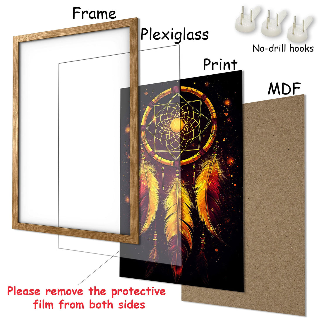 Framed Poster featuring a dreamcatcher design in warm gold and red tones on a black background. Perfect wall art!