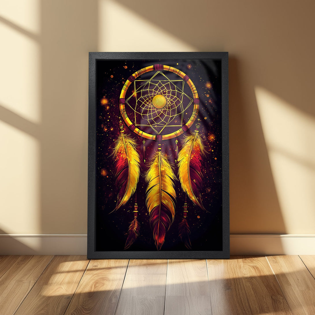 Framed Poster featuring a vibrant dreamcatcher design with warm yellow, orange, and red tones on a dark background. Perfect wall art!