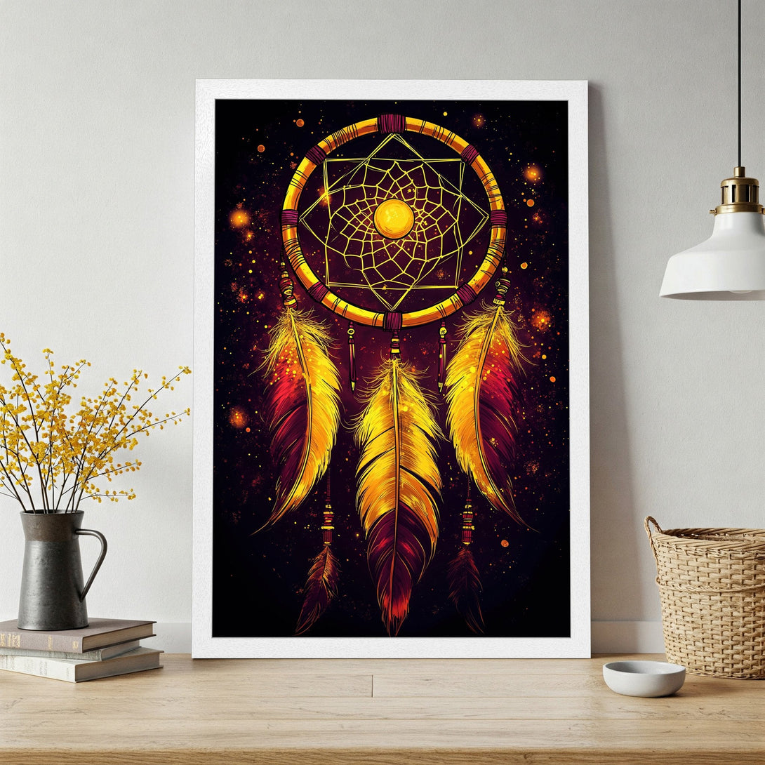 Framed Poster featuring a dreamcatcher design. Artistic style with a warm, golden yellow and red color palette against a dark background.