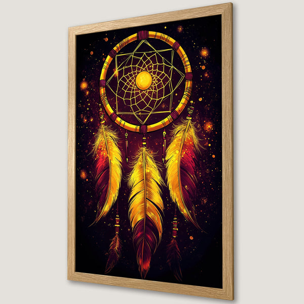 Framed Poster featuring a dreamcatcher design in warm yellow, orange, and red hues on a dark background, perfect wall art.