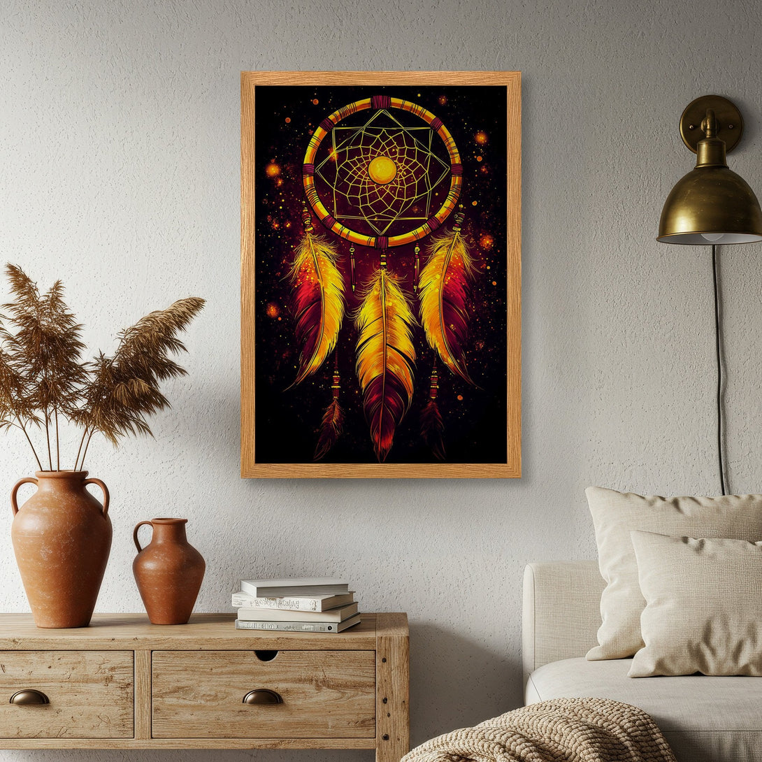 Framed Poster featuring a dreamcatcher design in a vibrant, warm color palette. Ideal for wall decor, adds a touch of boho style.