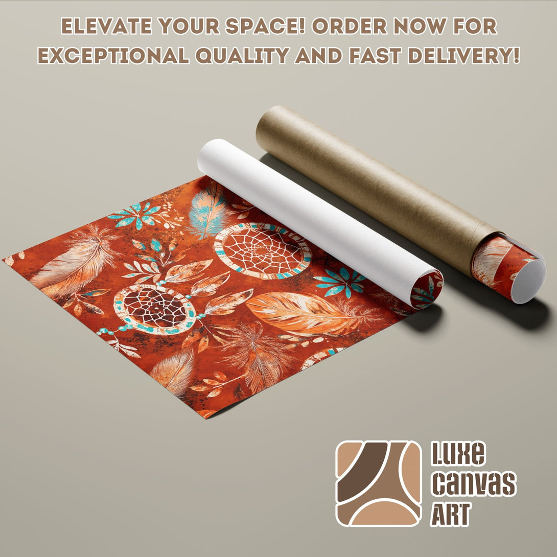 Poster Roll with dreamcatcher design in warm tones. Boho style art print with terracotta, teal, and cream color palette.