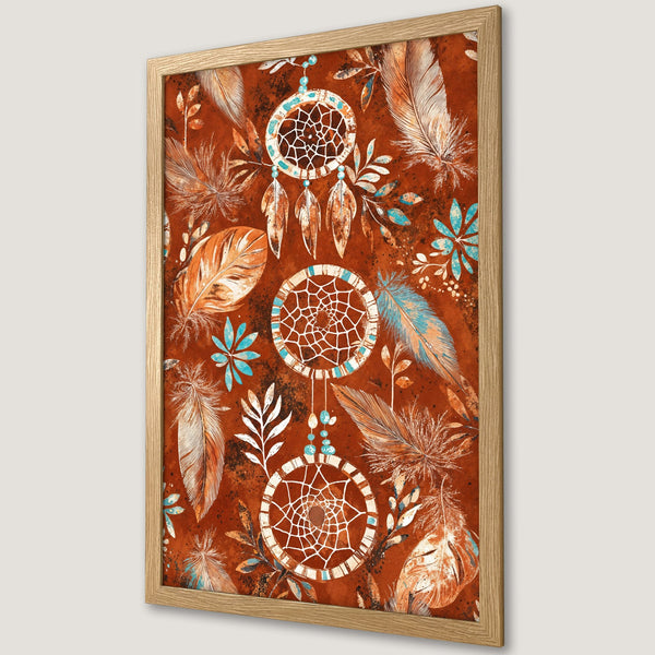 Framed Poster featuring dreamcatchers and feathers in earthy tones with turquoise accents. Bohemian style art print.