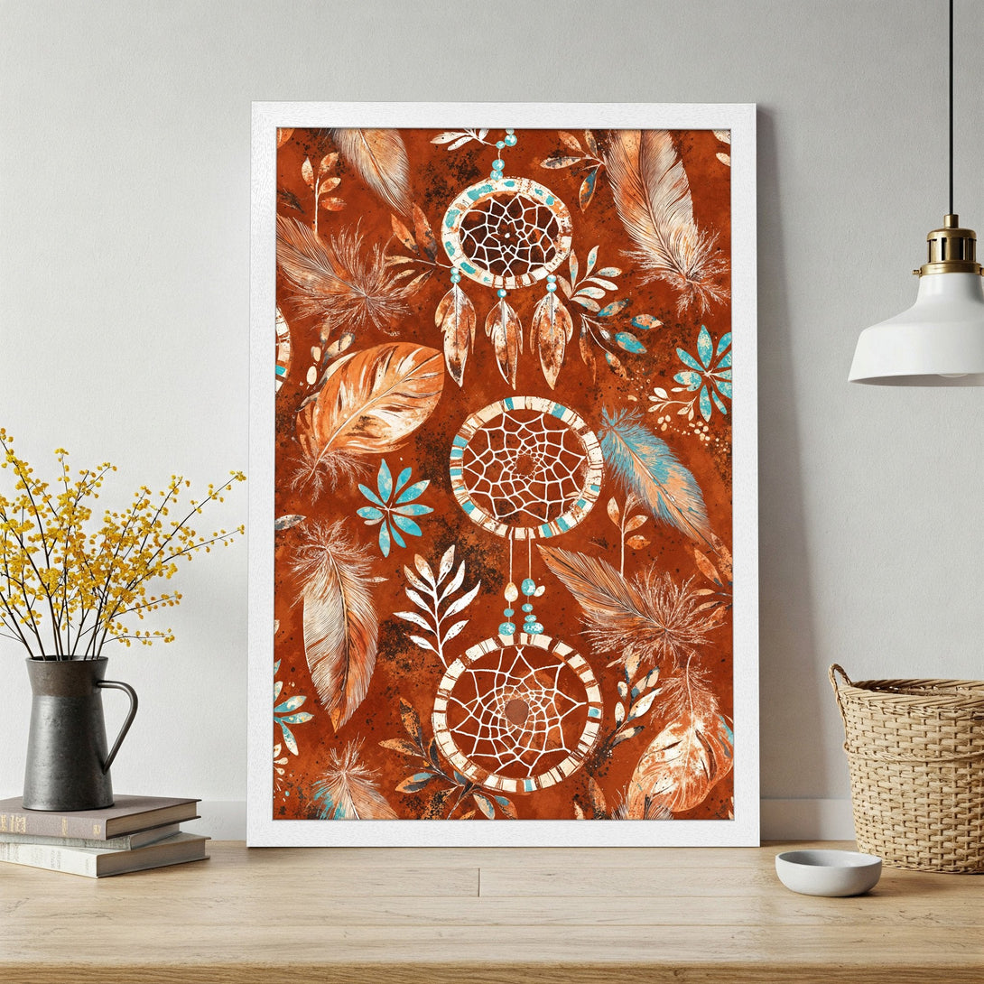 Framed Poster featuring dreamcatchers and feathers in boho style, warm earth tone color palette. Perfect wall art!